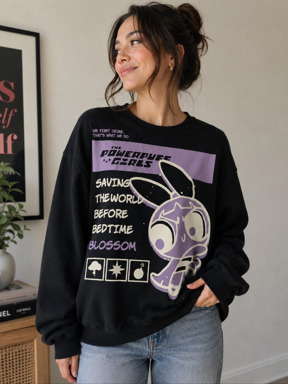 Rare - The Powerpuff Girls Blossom Graphic Sweatshirt - Black & Lavender
